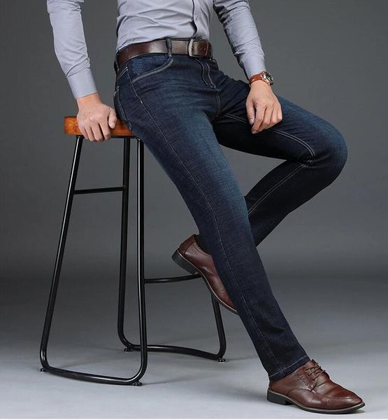 

business mens jeans straight denim blue elastic waist fashion hombres luxury jean pants