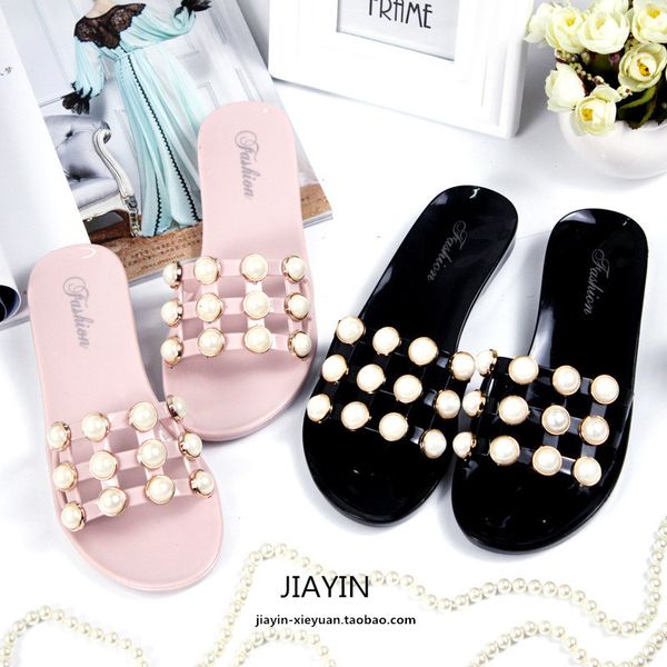 

fashion women's beads sandals hong kong style summer comfortable outside slippers dance shoes trendy new bathroom all-match, Black