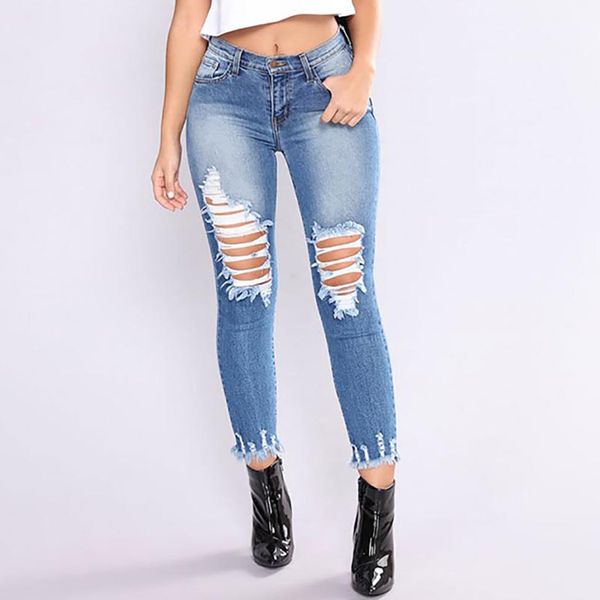 

fashion jeans blue casual women's stretch ripped jeans women's low waist stretch skinny slim pencil pants mujer s10
