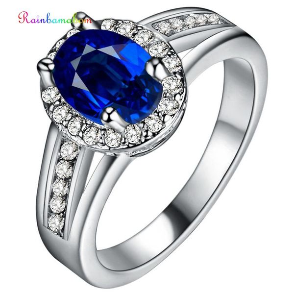 

rainbamabom real 925 solid sterling silver blue sapphire gemstone wedding engagement ring fine jewelry women gifts wholesale, Golden;silver