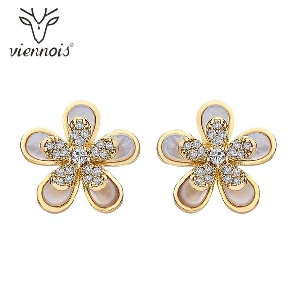 

viennois gold color stud earrings for women zircon flower earrings female wedding party jewelry 2020, Golden;silver