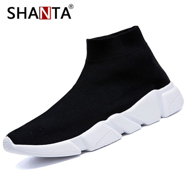 

shanta men sneakers beathable mesh male casual shoes slip on sock shoes boys sneakers light high men, Black