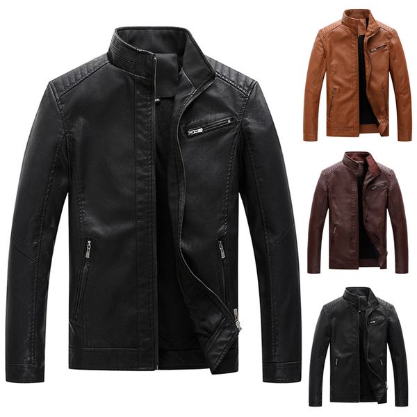 

men leather jackets fashion coat casual clothing stand collar pu leather coat warm plush lining tc21, Black;brown