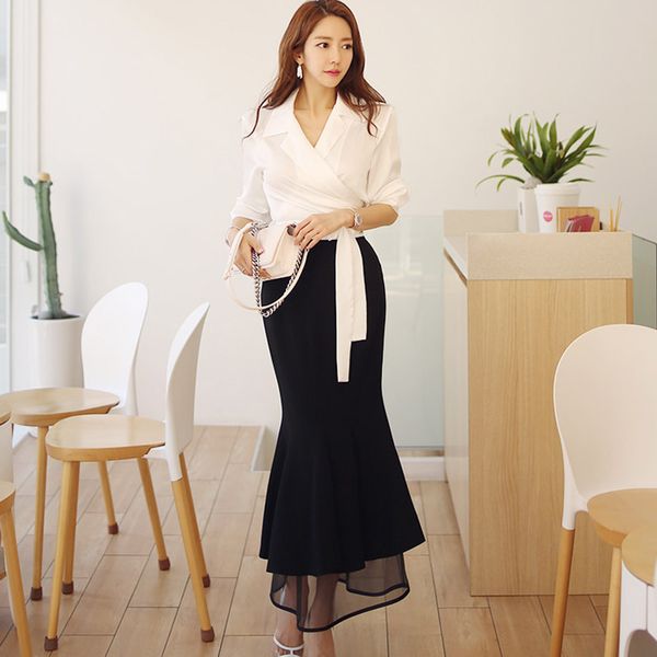 

2019 autumn office ladies 2 pieces set women long sleeve notched lace-up bow white blouse shirt+long ruffles mermaid skirt suit