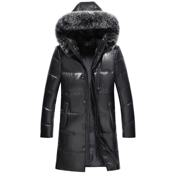 

genuine leather jackets mens fox fur hooded sheepskin coats duck down parka winter long down jacket windproof waterproof overcoat snow wear, Black