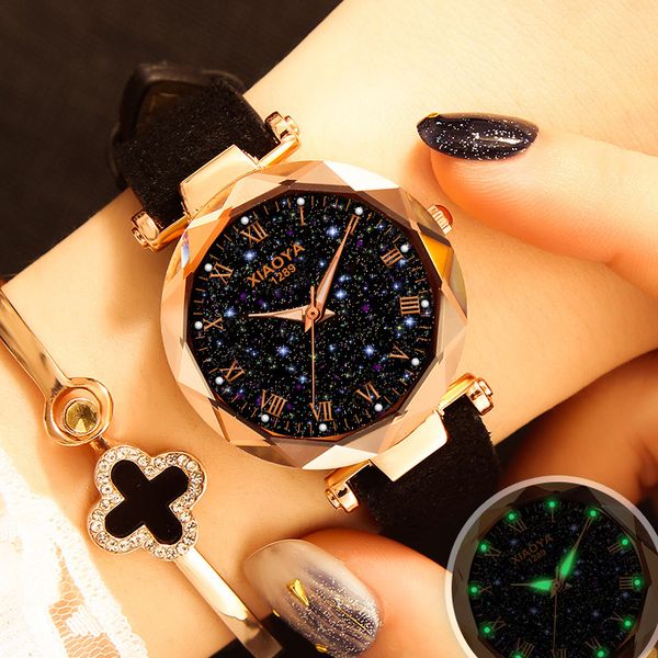 

women's luxury rose gold watch fashion starry sky arabic quartz wristwatches leather strap gifts clock young students hours, Slivery;brown