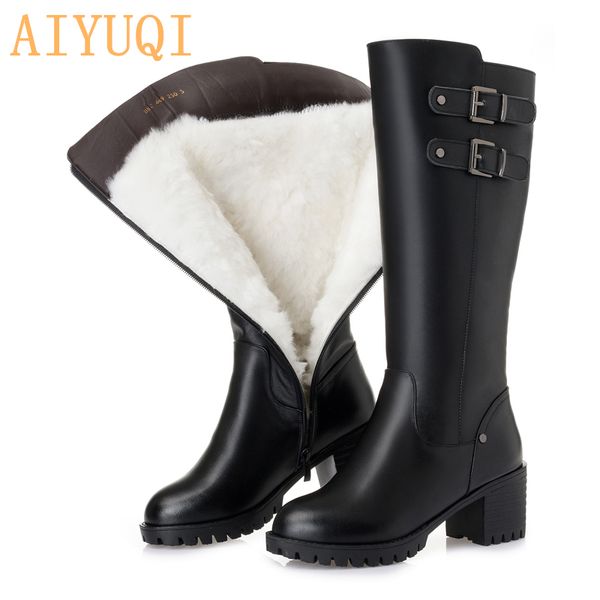

aiyuqi platform women high heel boots 2019 new genuine leather women winter boots,big size 41 42 43 thick wool snow boots, Black