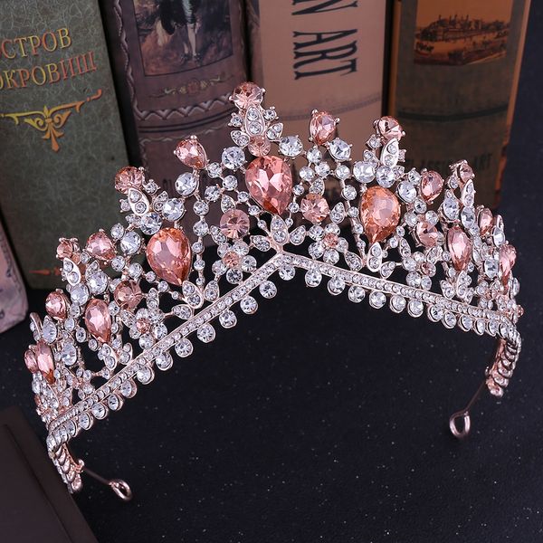 

kmvexo baroque rose gold pink crystal bridal tiaras crowns rhinestone diadem for royal bride headbands wedding hair accessories, Golden;white