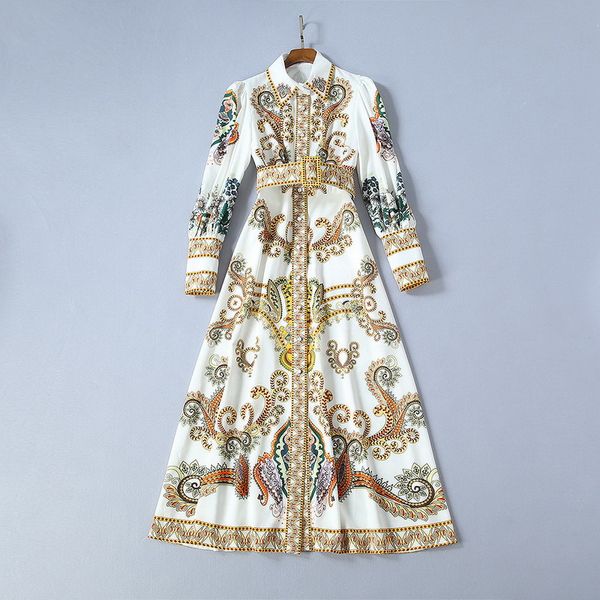 

european and american women's clothing 2019 winter new style retro printed lantern sleeve long sleeve fashion dress, Black;gray