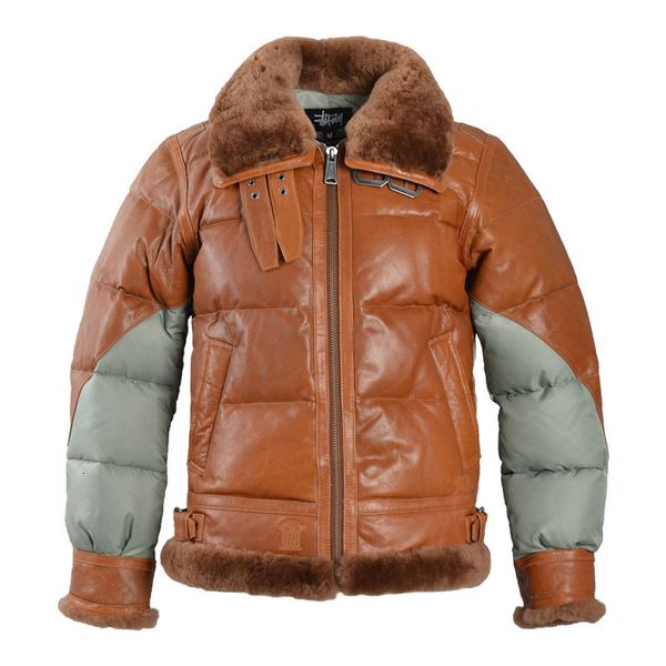 

2020 classic b3 flight jacket fur collar duck down genuine leather jacket spliced winter leather coat men bomber jacket for male, Black