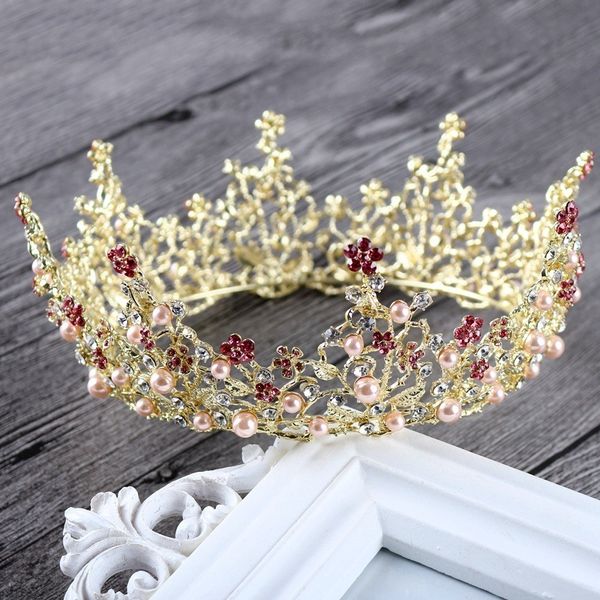 

gold queen king tiara crowns pearl bridal pageant headpiece wedding hair jewelry accessories for women prom hair ornaments, Golden;white