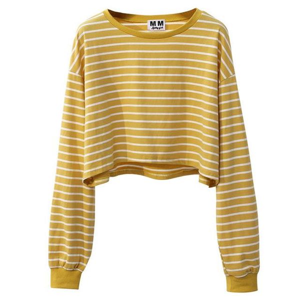 

striped korea sweet women crop harajuku long sleeve striped t shirt girl 's autumn loose t-shirt streetwear female quality, White