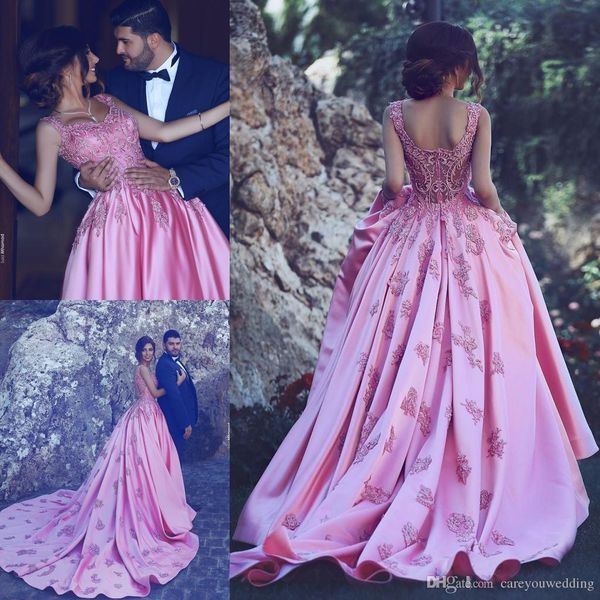 

2019 said mhamad fashion pink appliqued prom dress v neck long sleeveless backless applique formal wear party gown custom made, Black