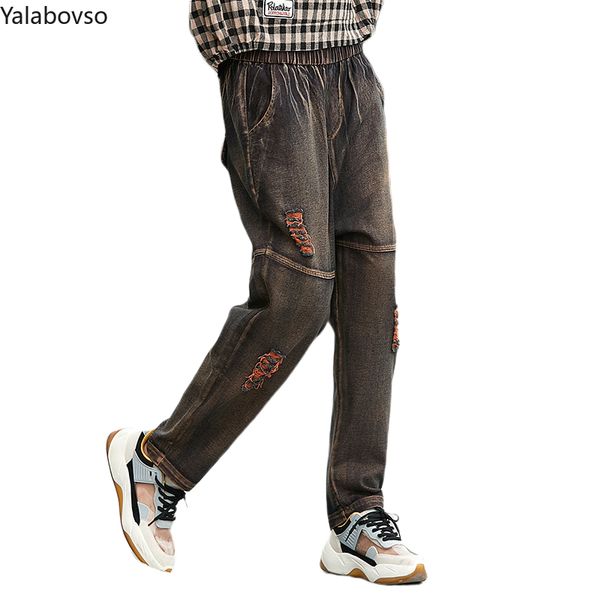 

2020 spring streetwear retro washed boyfriend jeans for women bleach stone wash elastic waist pants female punk rave hole, Blue