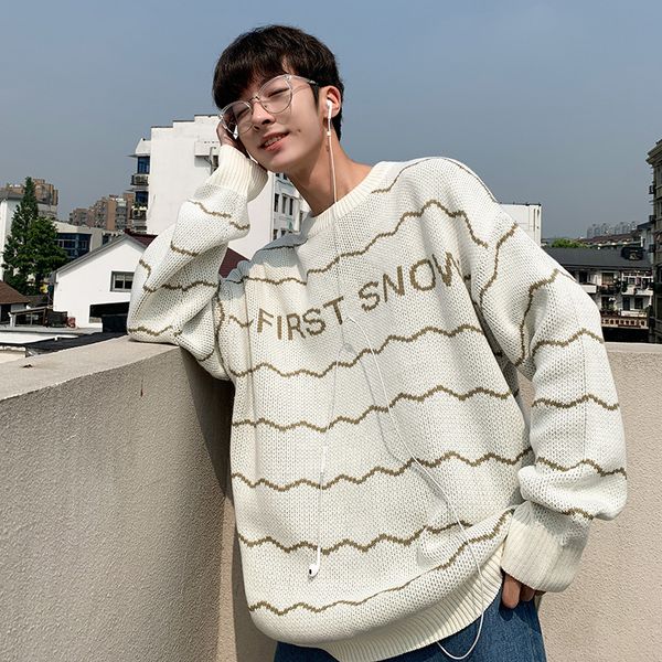 

2019 new youth simple striped pullover men's couple round neck fashion casual loose sweater tide blue / green -2xl, White;black