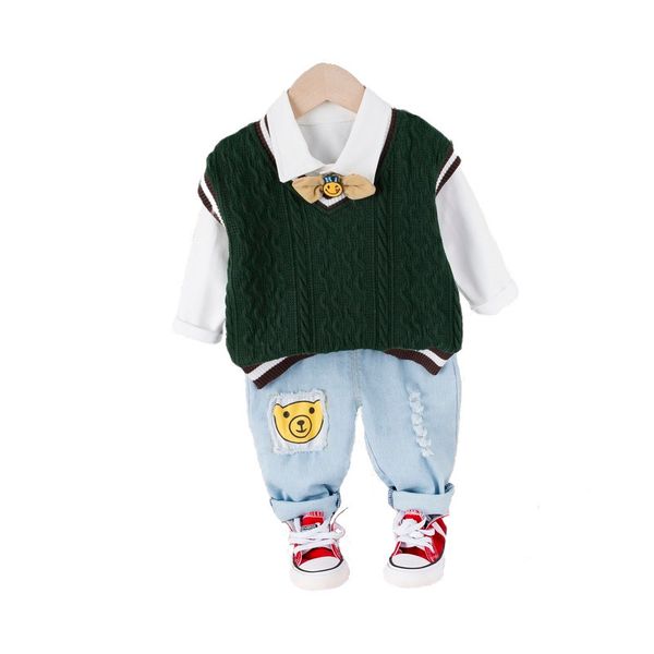 

новая весна осень детская одежда костюм дети мальчики девочки жилет галстук футболка брюки 3 шт. / компл. малыш повседневная одежда детские, White