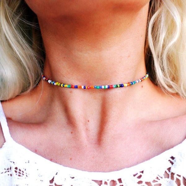 

multi color beads chain choker candy rainbow sun moon star natural stone glass chokers necklaces bohemian beach holiday jewelry gift dhl, Golden;silver