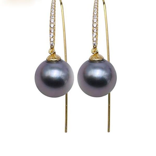 

exquisite pearl sterling silver drop earrings 10mm natural black tahitian south sea cultured pearl dangle earrings christmas, Golden;silver