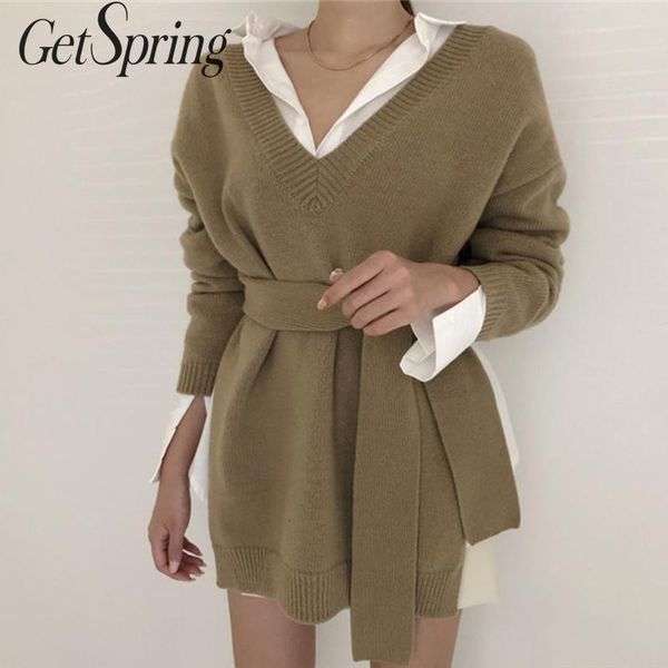 

getspring women sweater split v-neck bandage irregular pullovers sweaters women long sleeve asymmetry long knitting 2019, White;black