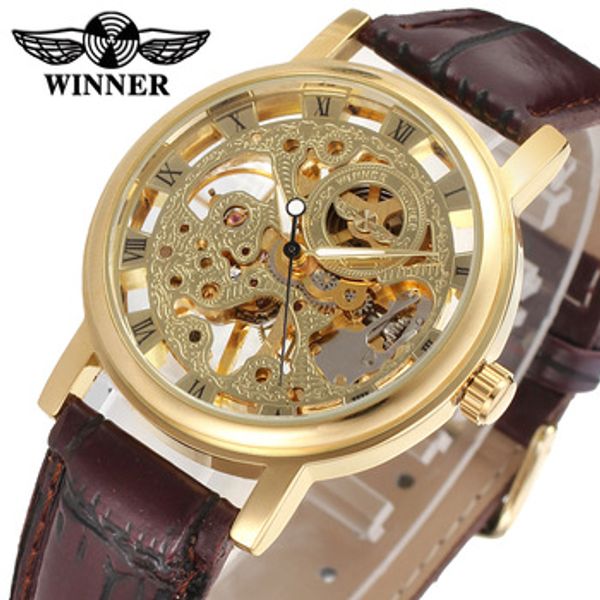 

winner watch automatic mechanical watch for men black leather band casual fashion relogio masculino, Slivery;brown