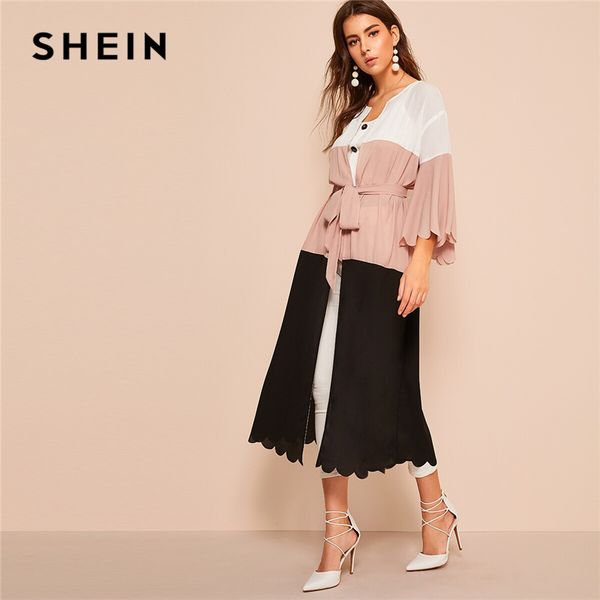 

shein colorblock зубчатая отделка abaya 2019 розовый глубокий v образным вырезом весна осень платье три четверти длина рукава женские платья, Black;gray