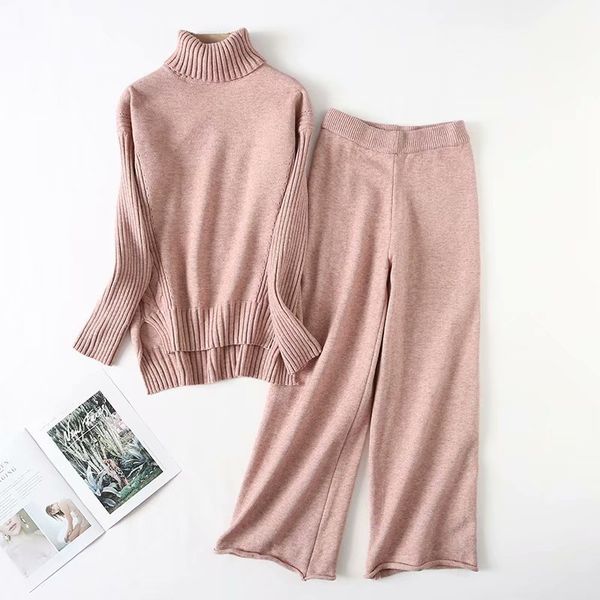 

2020 new arrival full new women's suit knit pullover turtleneck sweater and casual wide leg pants two-piece women 2 piece set, White