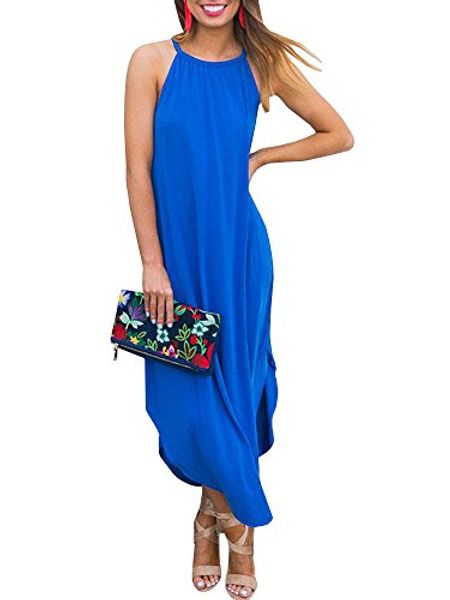 

beautife womens summer sleeveless halter maxi dress casual loose fit plain long dresses, Black;gray