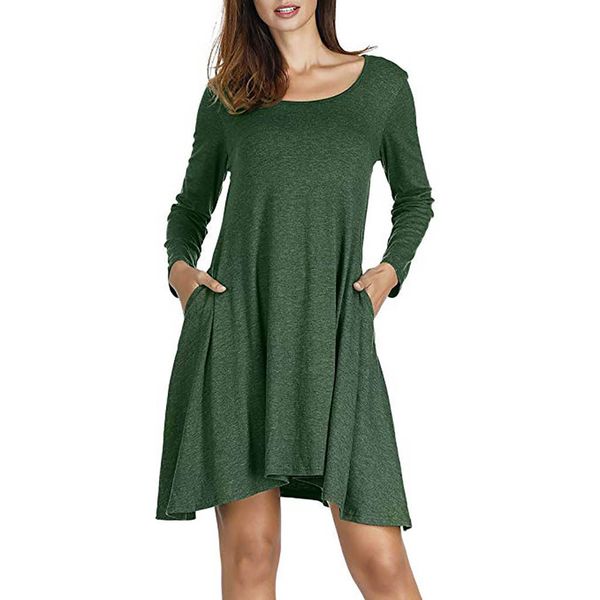 

2019 spring new style women casual solid loose long sleeve pockets swing mini dress beach slim mini dress short dresses, Black;gray