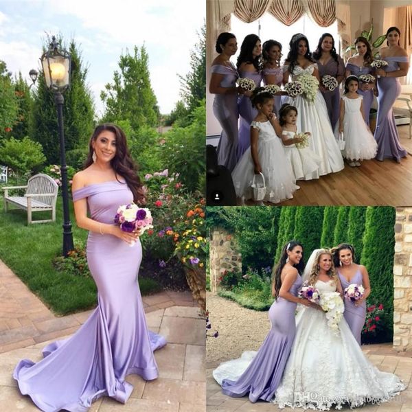 

2019 country style lavender mermaid bridesmaids dresses for weddings off shoulders ruffles train long maid of honor gowns plus size, White;pink