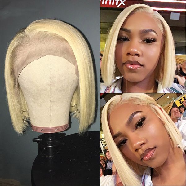 

150% density 613 straight bob lace frontal wig brazilian remy lace frontal human hair bob wigs blonde pre plucked for black women, Black;brown