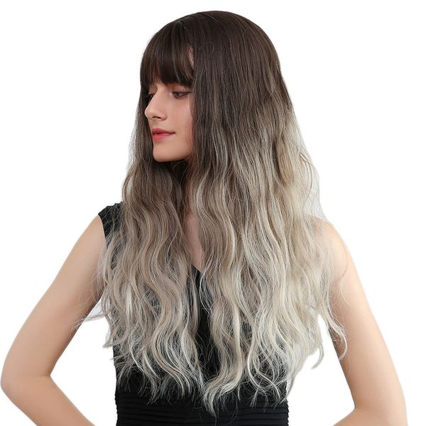 

24inch women long wavy wigs high density synthetic heat resist wigs with wig cap for cosplay party daily wear (brown ombre beige, Black
