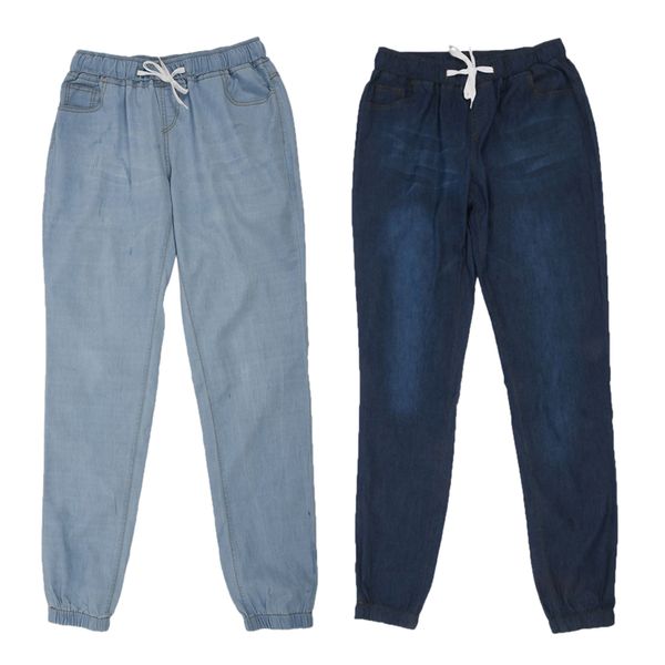 

2 pcs women casual jogger pants drawstring elastic waisted jeans solid ladies denim pants slim leggings xl , dark blue wit