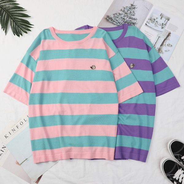 

quzhu short t- knitted shirt female 2020 loose leisure student half sleeve t-shirt harajuku short sleeve top, White