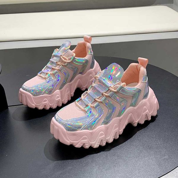 

ladies shoes chunky sneakers casual shoes colorful sneakers breathable women flats shoe thick bottom shiny shoe zapatos de mujer, Black
