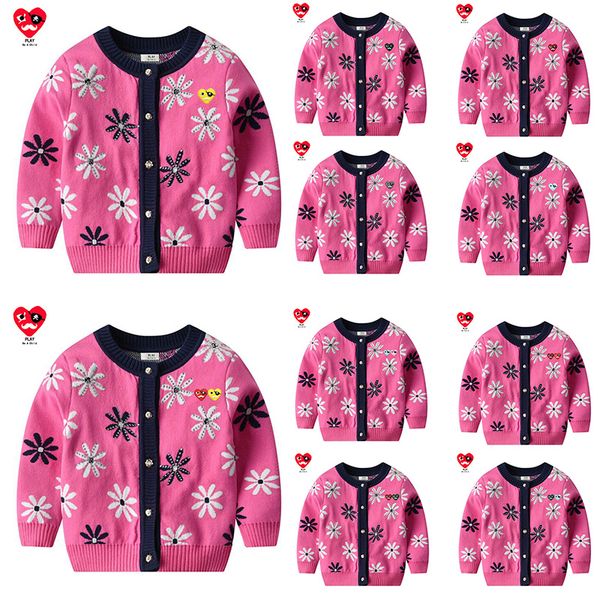 

girl autumn winter sweater cardigan buttons cartoon embroidery rhinestone flower long sleeve round neck cotton sweater 2-6 years, Blue