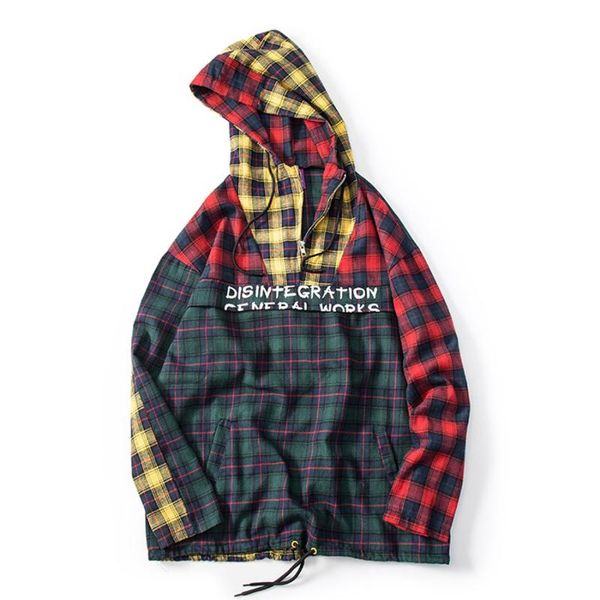 

half zipper checkerboard hoodie men plaid windbreaker mens hoodies pullover sweatshirt male hip hop patchwork rap fashion, Black