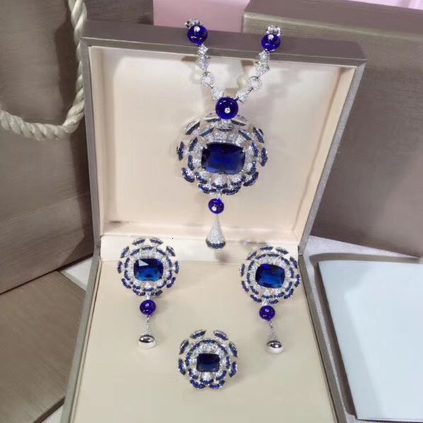 

brand fine custom jewelry for women fan wedding blue crystal party jewelry set big design party banquet neckacle earrings set, Silver