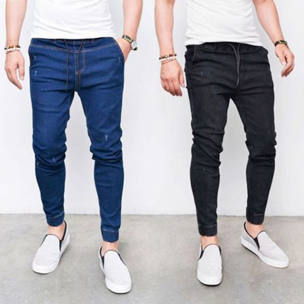 

men denim ripped hole slim jeans stretchy elastic fashion jeans hip hop skinny pencil for men stretch black homme, Blue