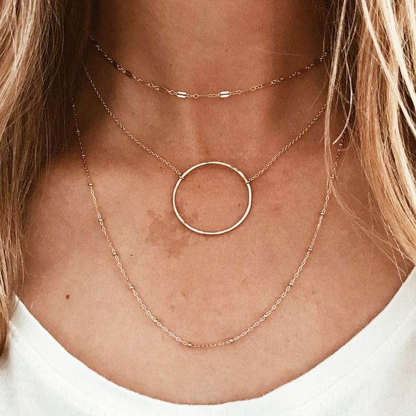 

layered necklace handmade 30mm circle jewelry gold filled choker custom pendants collier femme kolye jewelry boho women necklace, Silver