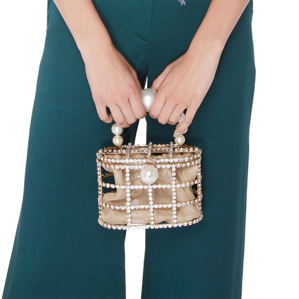

luxury lady handbag diamond decorative basket bag rhinestone birdcage crystal bag female pearl for party wedding bags