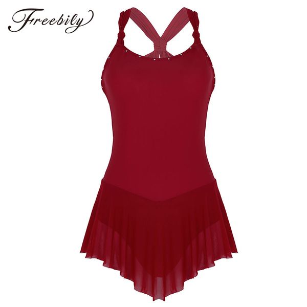 

sleeveless criss-cross back shiny rhinestones dance wear gymnastics leotards women ballet dress figure skating costume, Black;red