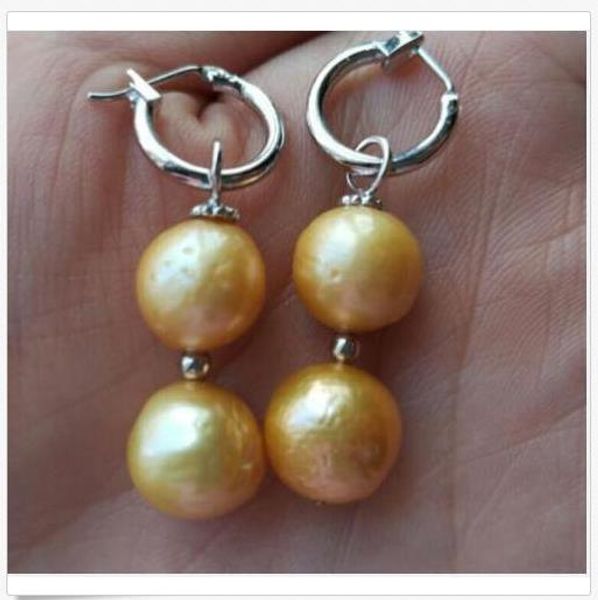 

11-12mm baroque golden south sea pearl earrings 14k white gold swing earrings, Golden;silver