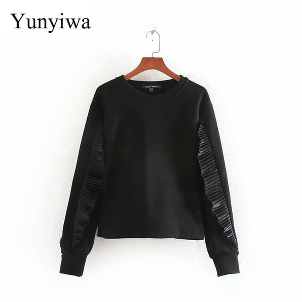 

2020 women pleated ruffles stitching casual fleece sweatershirts ladies long sleeve basic knitting hoodies leisure, Black