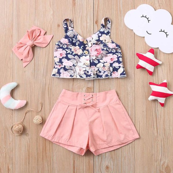 

girls clothing suit suspenders vest/shorts/headband floral print bow button decoration cotton blend cute sweet style, White