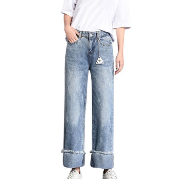 

women's jeans fashionable casual nine-point straight pants not easy to wrinkle, women loose high waist was thin wide-leg trousers, Blue