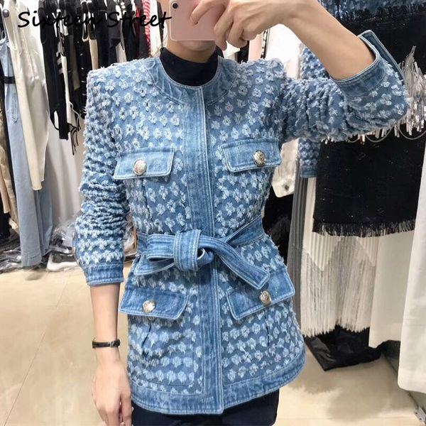 

round neck long sleeve jean jacket female hole vintage blue fashion denim coat woman autumn spring clothing new, Black;brown