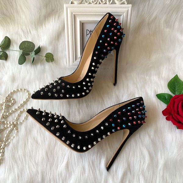 

designer fashion women stilettos black suede spikes rivets high heel pump bridal wedding shoes 12cm new big size 43