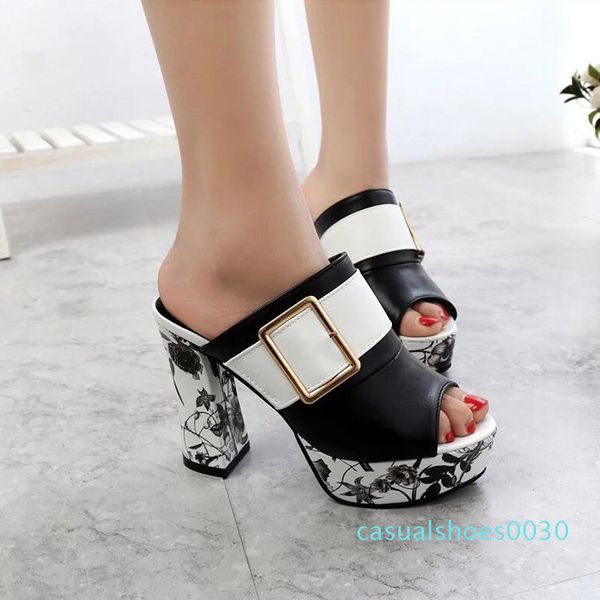 

2019 style slippers women platform buckles sandals women high-heeled slipper thick heel summer slipper women shoes c30, Black