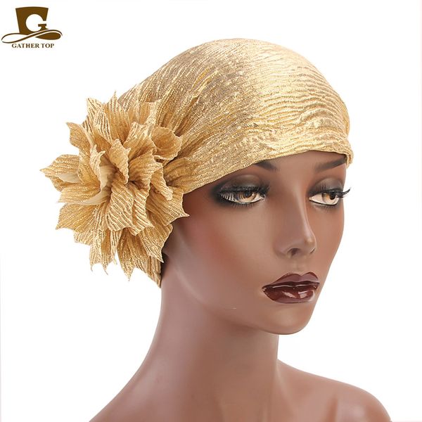 

new metallic flower turban solid color chemo cap women fashion headwrap