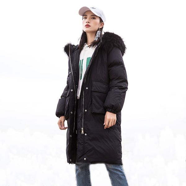 

fashion big fur collar down jackets women winter thicken long hooded down coat white duck parkas outwear yp2097, Black